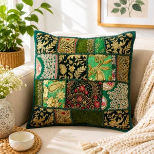 16x16x16m Dunkelgrün Patchwork Kissenbezug | Handgefertigter indischer Boho Kissenbezug | Luxus Sofa Akzent