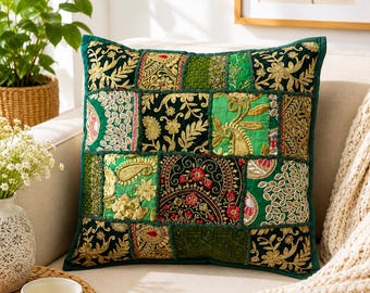 16x16 Dark Green Patchwork Cushion Cover | Handmade Indian Boho Pillow Cover | Luxury Sofa Accent