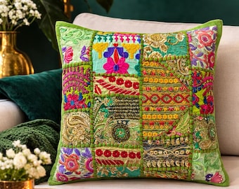 Fodera per cuscino patchwork verde chiaro – Design ricamato multicolore fatto a mano