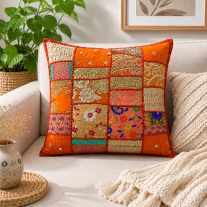Luxury Orange Patchwork Cushion Cover 16x16 | Indian Boho Accent Pillow | Colorful Sofa Decor