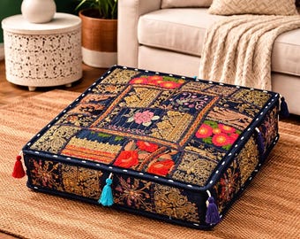 Cuscino patchwork multiplo fatto a mano, cuscino ricamato blu navy, tessuto indiano, grande quadrato, solo fodera