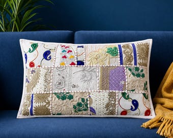 Fodera per cuscino patchwork bianca multistrato fatta a mano 12x20" – Fodera decorativa per cuscino ricamata in stile boho