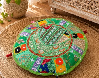 Cuscino da pavimento rotondo verde chiaro fatto a mano, pouf tradizionale indiano patchwork, decorazione ottomana boho ricamata