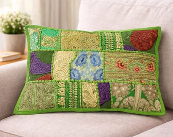 Fodera per cuscino patchwork verde chiaro fatta a mano, 12x20" – Fodera per cuscino lombare ricamata in stile vintage boho