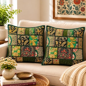 Set of Dark Green Indian Patchwork Cushion Covers, Handmade Pillow Covers, Luxury Sofa Decor