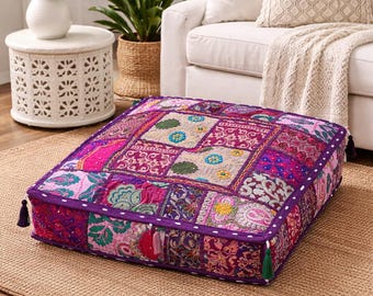 Cuscino patchwork viola fatto a mano, cuscino ricamato in stile boho, grande quadrato, solo fodera