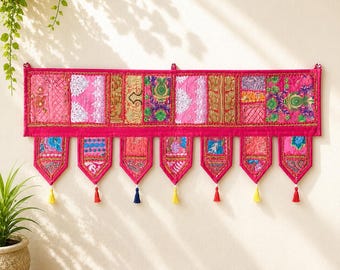 Toran rosa patchwork fatto a mano, decorazione per porta in stile boho indiano, bandarwal ricamato, decorazione da parete con nappe