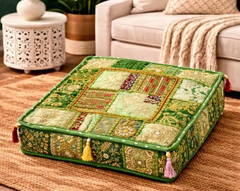 Ręcznie robiona poduszka patchworkowa w jasnozielonym kolorze, haftowana na złoto, tkanina indyjska, duży kwadrat, tylko poszewka