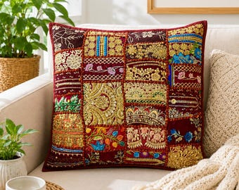 28x28 rödbrun lapptäcke kuddfodral | Handgjort indiskt boho | Vintage soffadetaljer, endast överdrag