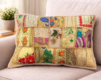 Fodera per cuscino patchwork multicolore marrone chiaro, realizzata a mano, 30x50 cm – Fodera decorativa con ricamo dorato