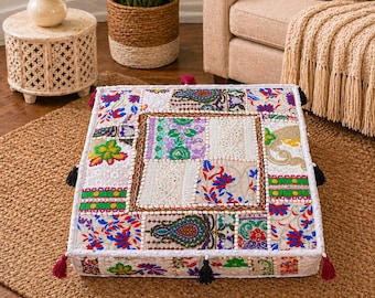 Handmade White Patchwork Cushion Cover, Boho Multi Color Floral Embroidered Pillow, Only Cover