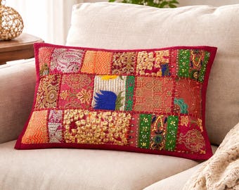 Fodera per cuscino patchwork rosa multicolore fatta a mano, 30x50 cm, cuscino ricamato in stile boho (solo fodera)