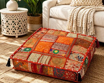 Cuscino patchwork arancione fatto a mano, cuscino in tessuto indiano ricamato in stile boho, grande quadrato decorativo, solo fodera