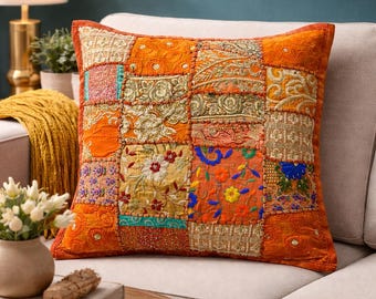 Fodera per cuscino patchwork arancione brillante – Design ricamato a mano multicolore