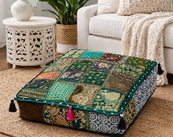 Fodera per cuscino patchwork verde fatta a mano, cuscino ricamato in stile boho, grande quadrato decorativo, solo fodera
