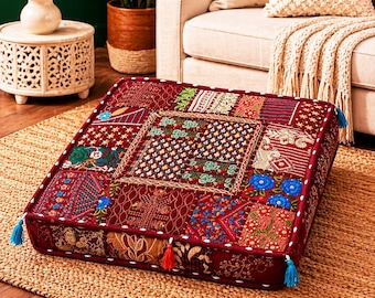 Funda de cojín hecha a mano con retazos rojos y multicolores, almohada textil india bordada, decoración bohemia para el hogar.