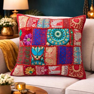 Royal Red Patchwork Cushion Cover – Multicolor Embroidered Handmade Design, Only Cover