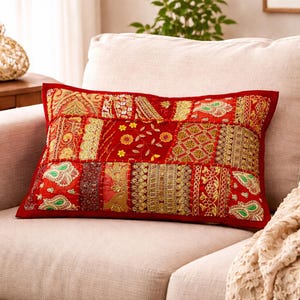 Funda de cojín hecha a mano de 30x50 cm (12x20") con diseño de patchwork multicolor rojo – Funda de almohada decorativa bordada de estilo bohemio vintage