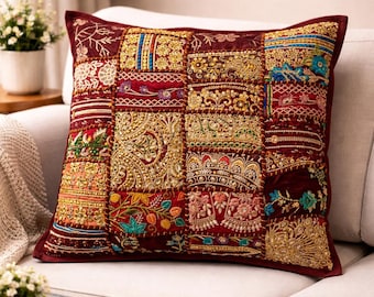 Fodera per cuscino vintage patchwork bordeaux multicolore – Design etnico fatto a mano