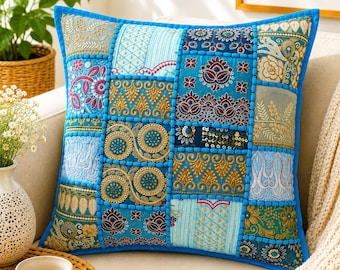 16x16 Sky Blue Patchwork Cushion Cover | Handmade Indian Boho Pillow Cover | Decorative Sofa Accent