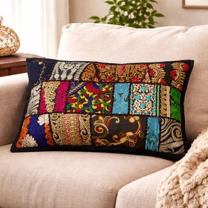 Handmade 12x20" Black Multi Patchwork Cushion Cover – Handmade Boho Embroidered Decorative Pillow