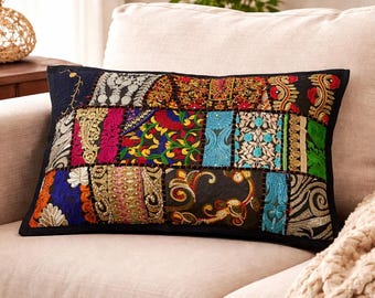 Fodera per cuscino patchwork nera multistrato 12x20" realizzata a mano – Cuscino decorativo boho ricamato a mano