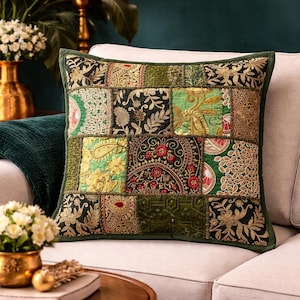 Funda de cojín de patchwork verde oscuro con bordado dorado grueso / Funda de almohada decorativa hecha a mano