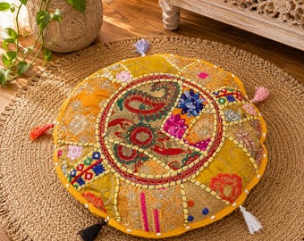 Ręcznie robiona żółta okrągła poduszka podłogowa, puf boho mandala, poszewka na poduszkę osman z indyjskim patchworkiem