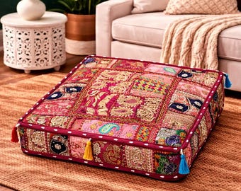 Fodera per cuscino patchwork rosa e oro fatta a mano, cuscino boho multicolore, decorazione indiana, solo fodera
