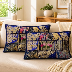 Set di 2 federe per cuscini blu ricamate 12x20, federe per cuscini decorativi patchwork fatte a mano