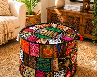 Schwarzer runder Ottomanen-Pouf-Bezug (22 x 12 Zoll), handgefertigtes Patchwork-Kissen, Bodensitzkissen, nur Bezug