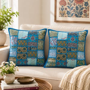 Set of 2 Sky Blue Patchwork Cushion Covers, Handmade Indian Decorative Sofa Pillow Covers