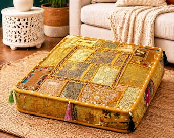 Cojín hecho a mano de patchwork amarillo y dorado, almohada multicolor estilo boho, decoración bordada india, solo funda.
