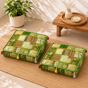 Set Of 2 Light Green Patchwork Cushion Covers, Embroidered Pillow, Large Square, Only Cover