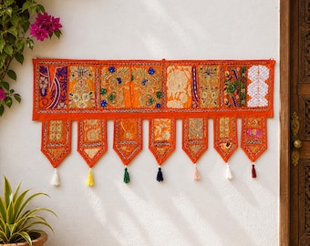 Toran arancione patchwork fatto a mano, decorazione per porta in stile boho indiano, bandarwal vintage ricamato, decorazione da parete con nappe