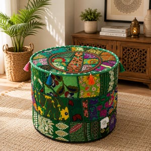 Runder grüner Poufbezug (22 x 12 Zoll), handgefertigter Patchwork-Hocker, Boho-Bodensitzmöbel, nur Bezug