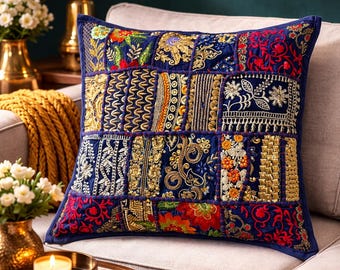 Fodera per cuscino ricamata patchwork multicolore blu navy fatta a mano - Decorazione vintage boho