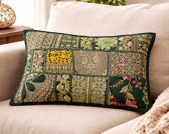 Fodera per cuscino patchwork verde scuro fatta a mano, 12x20" – Fodera decorativa ricamata in stile boho vintage