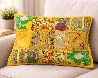 Fodera per cuscino patchwork fatta a mano, 12x20", giallo senape e multicolore – Cuscino ricamato in stile boho