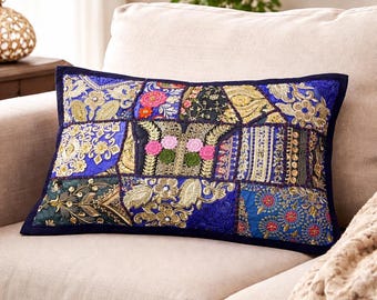 Fodera per cuscino patchwork multicolore blu royal, realizzata a mano, 30x50 cm – Fodera per cuscino lombare ricamata in stile boho