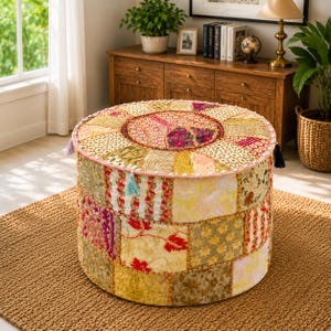 22x12 Inch Beige Round Ottoman Pouf Cover, Handmade Patchwork Cushion, Floor Seating, Only Cover
