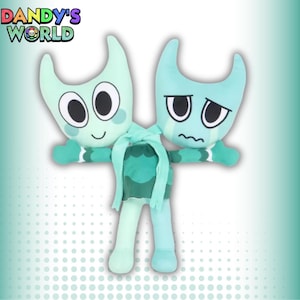 Puede incluir: Un peluche con dos personajes de dibujos animados conectados en tonos turquesa y verde menta. Un personaje tiene una cara sonriente, el otro una cara triste. El juguete tiene una bufanda y el texto "DANDY'S WORLD".