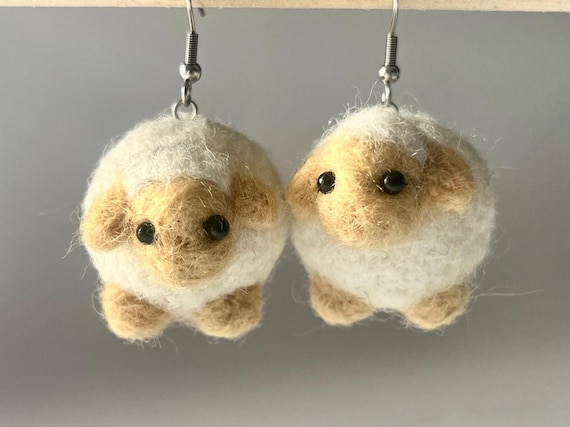 Needle Felted Sheep Earrings -  Soft Handmade Jewelry Gift - Farm Animal Fiber Art
