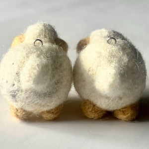Another picture of the earrings from the back. A pair of needle-felted sheep earrings. Each earring has a fuzzy, textured ball shape with small legs, heads and tails. The earrings hang from silver-colored fish hook ear wires.