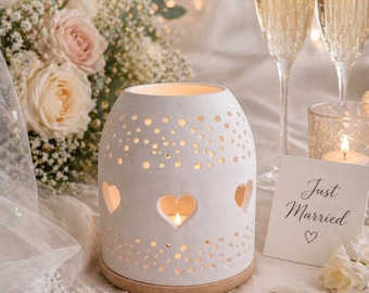 Farol de boda con corazón | Decoración de mesa romántica estilo boho | Lámpara de cerámica | Regalo para los novios | Portavelas de boda