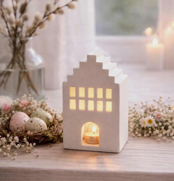 Kerzenhaus weiß aus Keramik mit Treppengiebel | Skandi Lichthaus | Teelicht Haus Deko | Hygge Wohnaccessoire | Geschenkidee