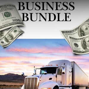 Może przedstawiać: Biała ciężarówka na drodze z zachodzącym słońcem w tle. Obraz zawiera tekst "Trucking Company Business Bundle" i obrazy banknotów 100-dolarowych.