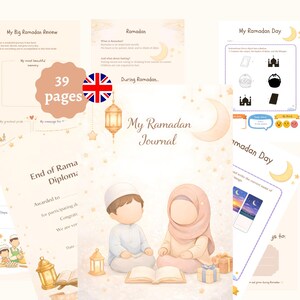 Peut inclure: Un journal numérique de Ramadan de 39 pages, avec des illustrations d'enfants, un croissant de lune et des étoiles. Le journal comprend des invites à la réflexion, un diplôme et des activités quotidiennes. La couverture indique "My Ramadan Journal".