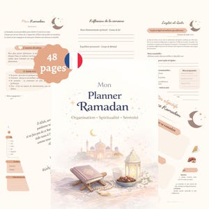 Peut inclure: Un planner "Mon Planner Ramadan" de 48 pages, avec une illustration à l'aquarelle d'une mosquée, de dattes et d'un livre. Le design intègre des croissants de lune et des étoiles, avec du texte en français.