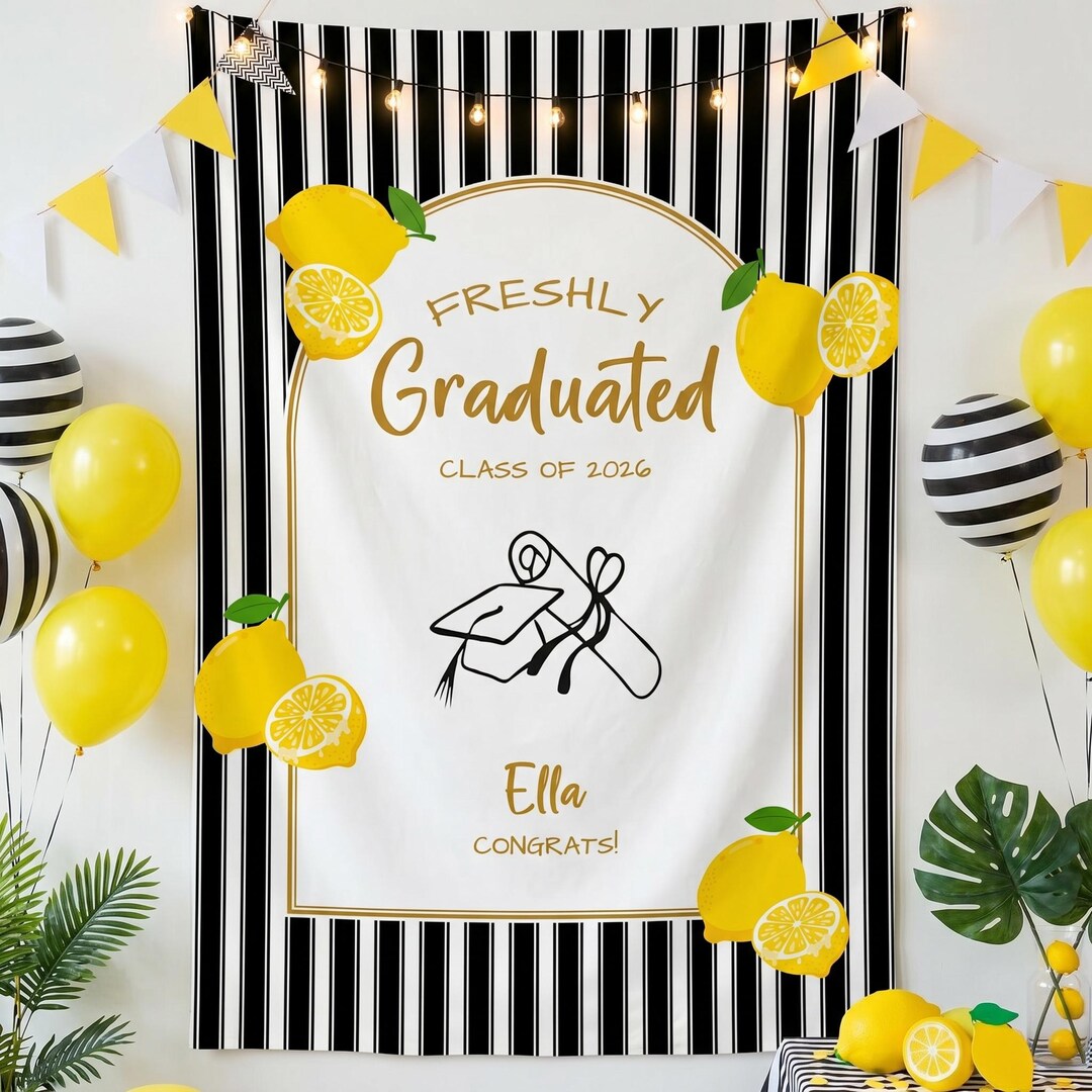 Lemon Grad Backdrop Personalized Freshly Graduation Lemon Tapestry, Class of 2026 Party ...